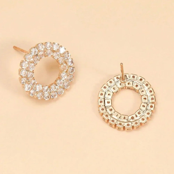 Yellow Gold Women's Elegant Geometric Circle Shaped Rhinestone Stud Earrings - Picture 3 of 5
